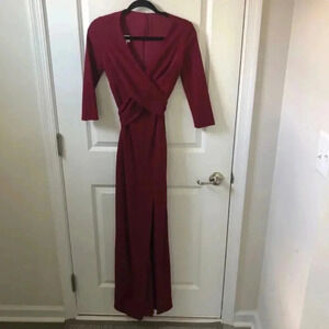 After Six Burgundy Red Vneck Crepe Sleeve Slit Front Bridesmaid Dress Size XXS